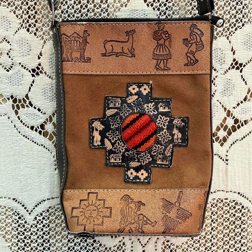 Brown Faux Leather Peruvian Crossbody Bag with Embossed Andean Designs